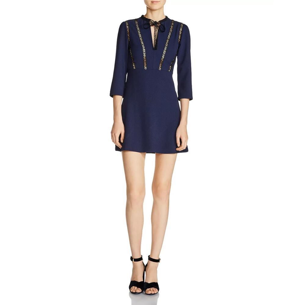 NWOT Maje Remala Amour Lettering Detail Mini Dress Navy Blue Black V Neck 1 S